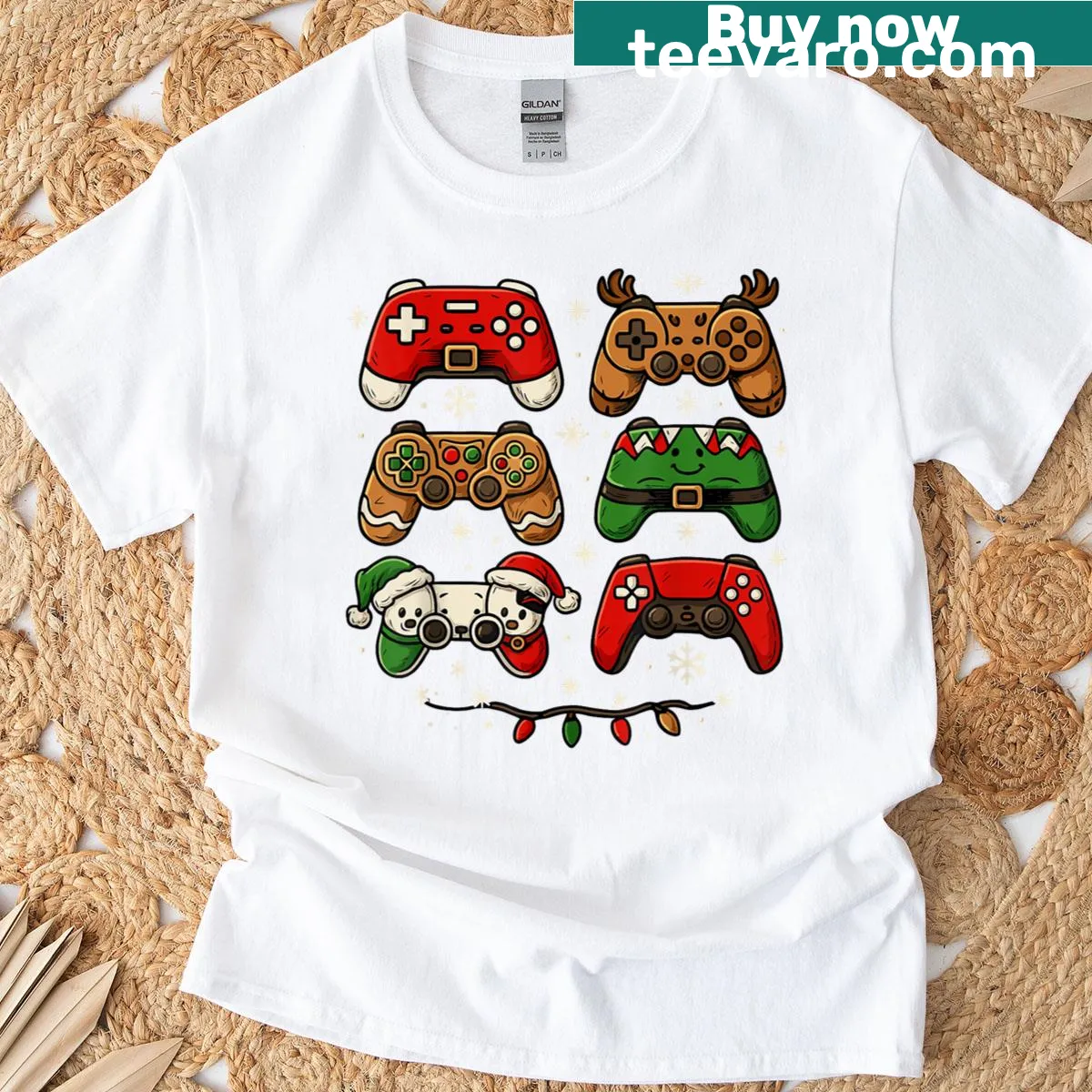 Playful Christmas t-shirt with gaming controllers graphic — on a men's t-shirt