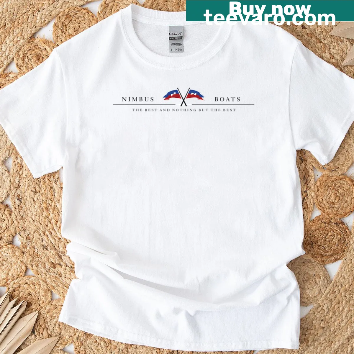 Illustrated T-shirt featuring Nimbus boats in red and blue — on a men's t-shirt