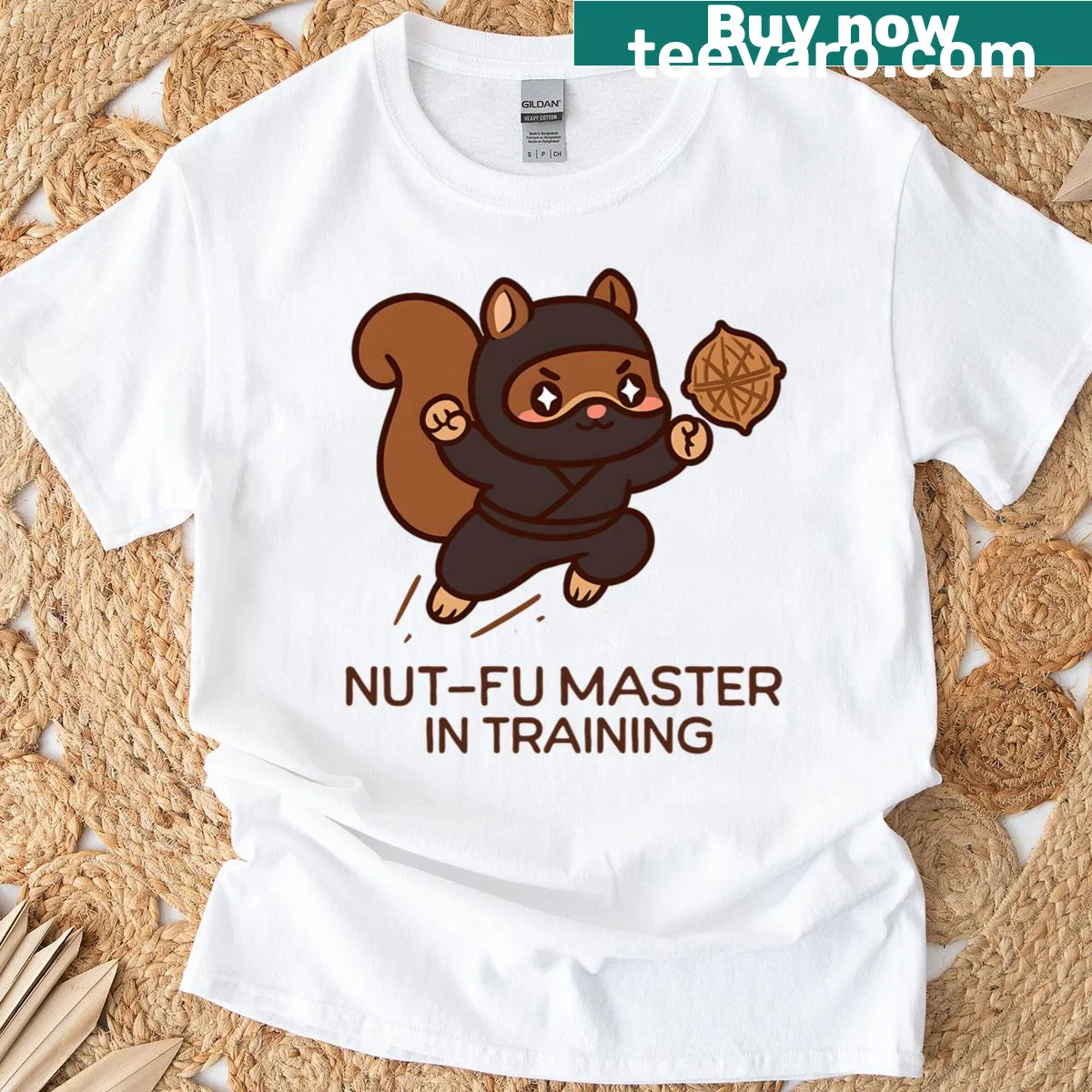 Cute ninja squirrel t-shirt with 'Nut-fu Master in Training' text — on a men's t-shirt