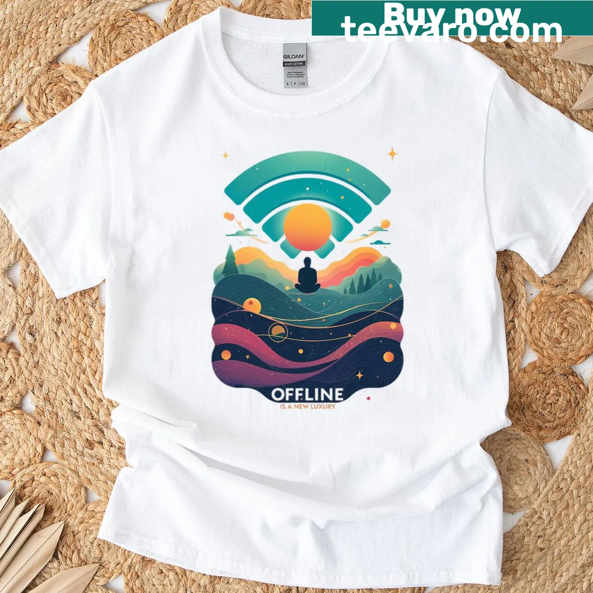 Surreal sun design with text 'Offline Is The New Luxury' on t-shirt. — on a men's t-shirt