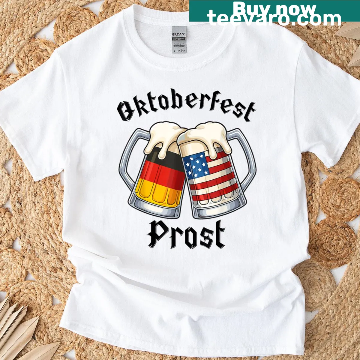 Funny Oktoberfest t-shirt with beer mug and 'Prost!' text — on a men's t-shirt