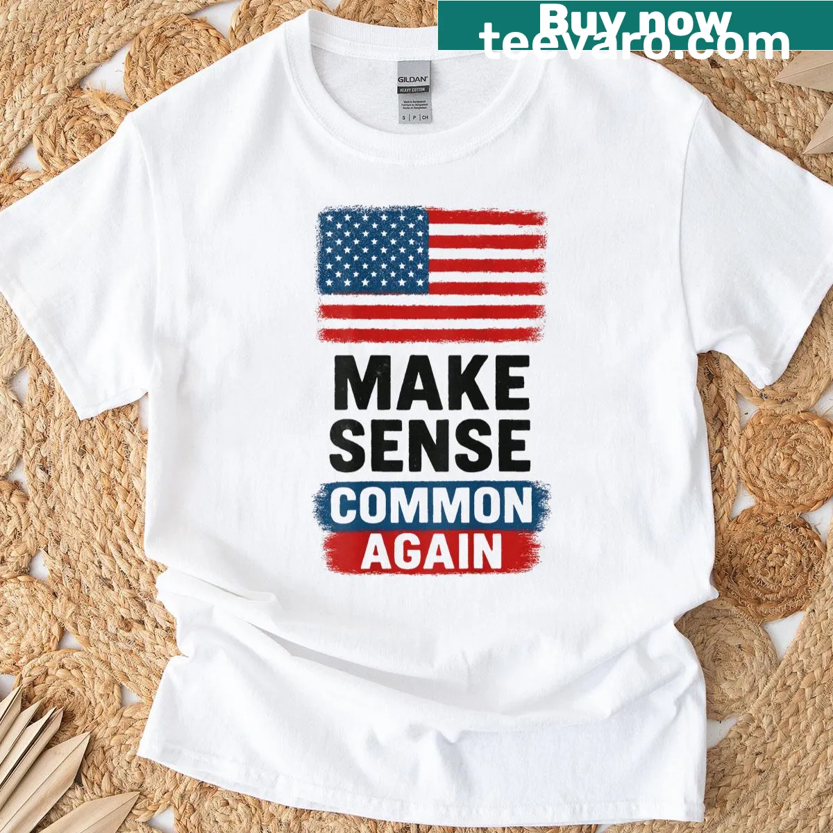 American flag graphic with the phrase 'Make Sense Common Again' — on a men's t-shirt