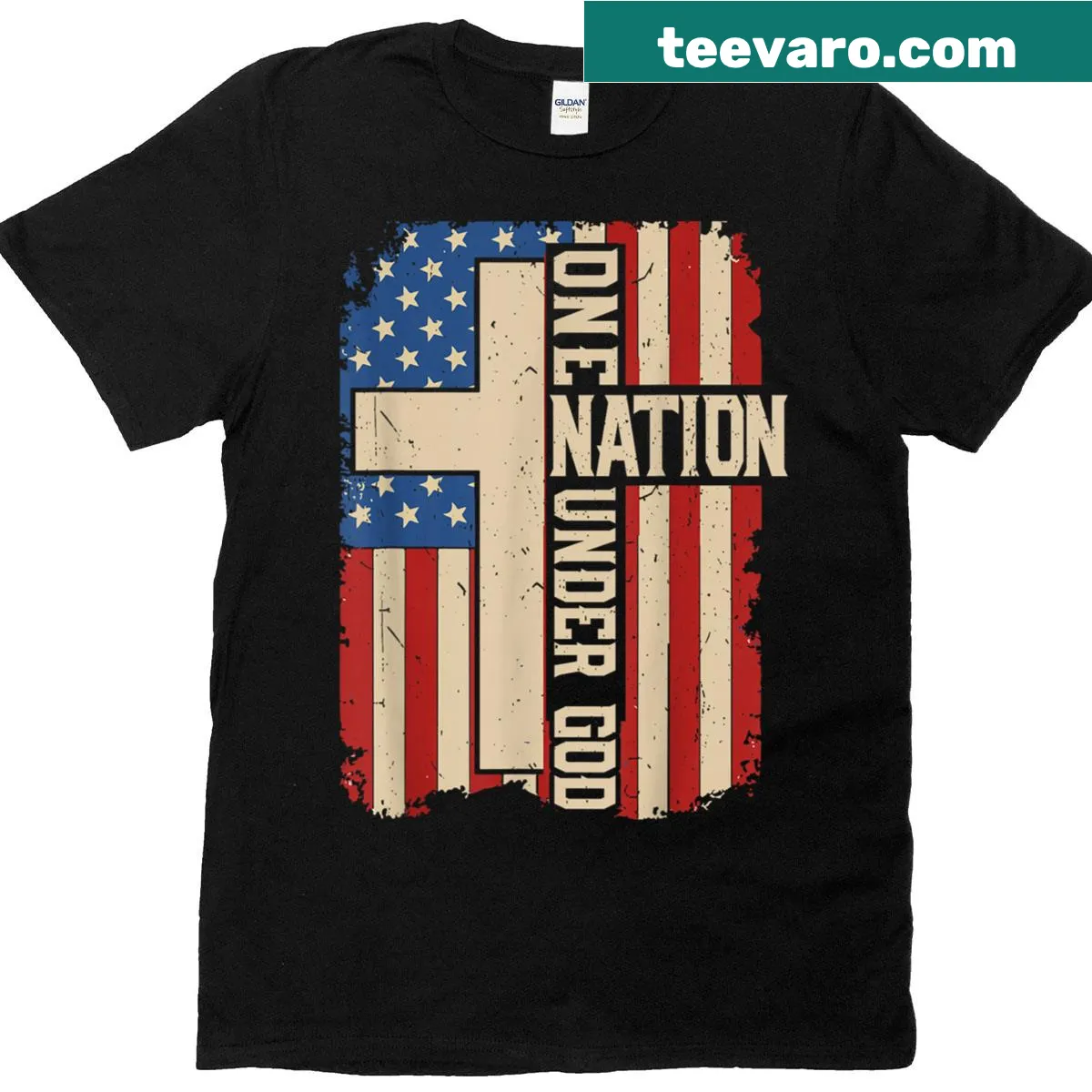 T-shirt featuring 'One Nation Under God' text with a cross and US flag — on a men's t-shirt