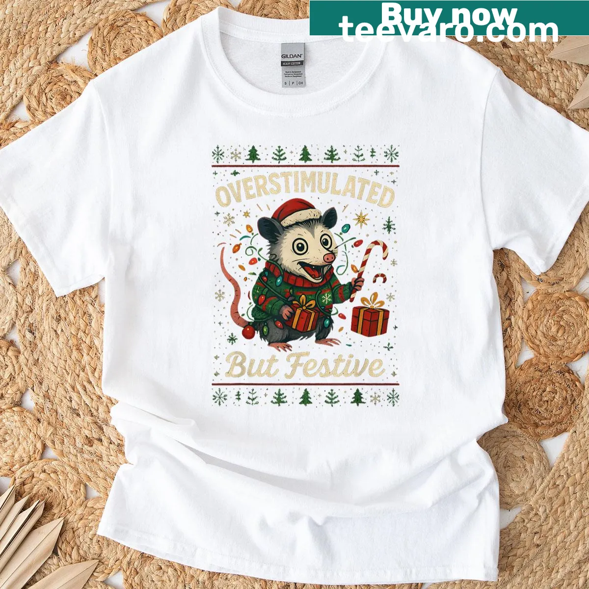 Cute opossum illustration with 'Overstimulated But Festive' text — on a men's t-shirt