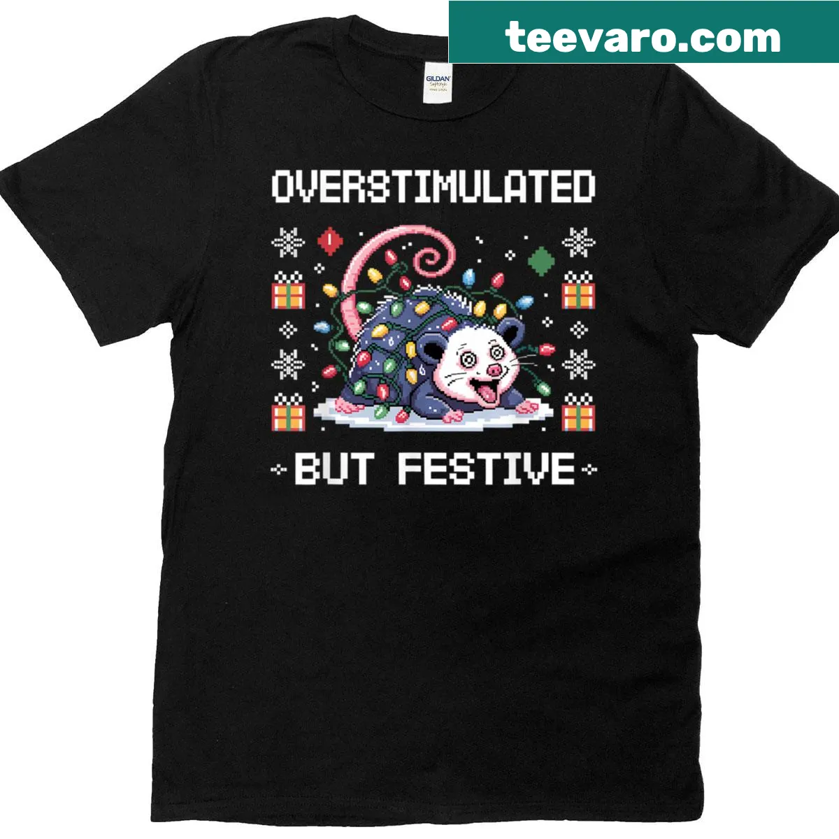 T-shirt with playful holiday phrase 'Overstimulated But Festive' — on a men's t-shirt