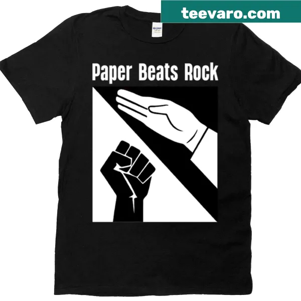 T-shirt featuring 'Paper Beats Rock' humorous design