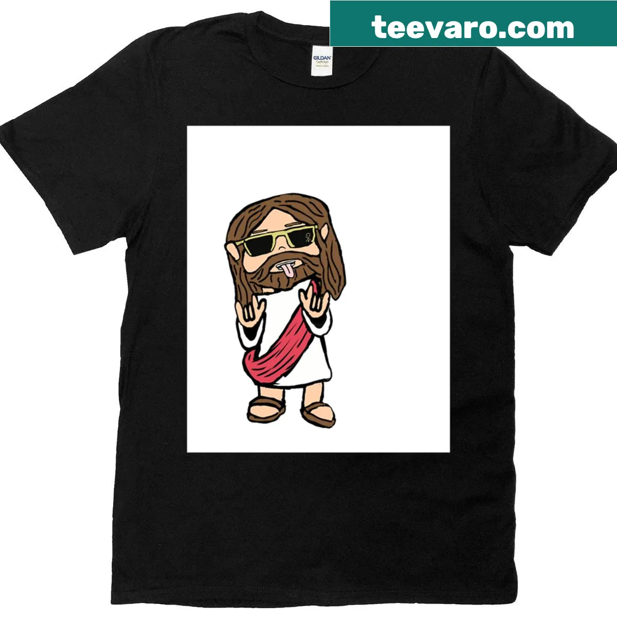 T-shirt with a playful illustration of Jesus celebrating — on a men's t-shirt