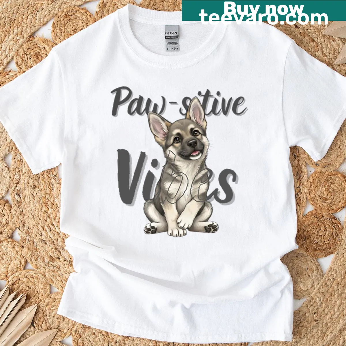 T-shirt with a cheerful paw print and 'Paw-sitive Vibes' text — on a men's t-shirt