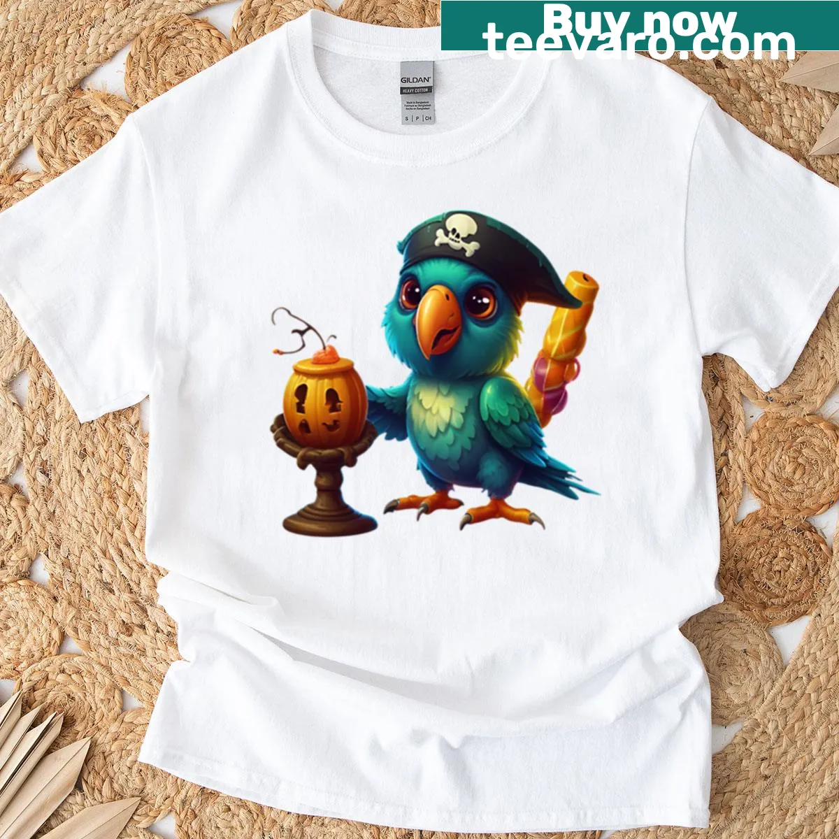 Funny pirate parrot Halloween t-shirt with pumpkin lantern — on a men's t-shirt