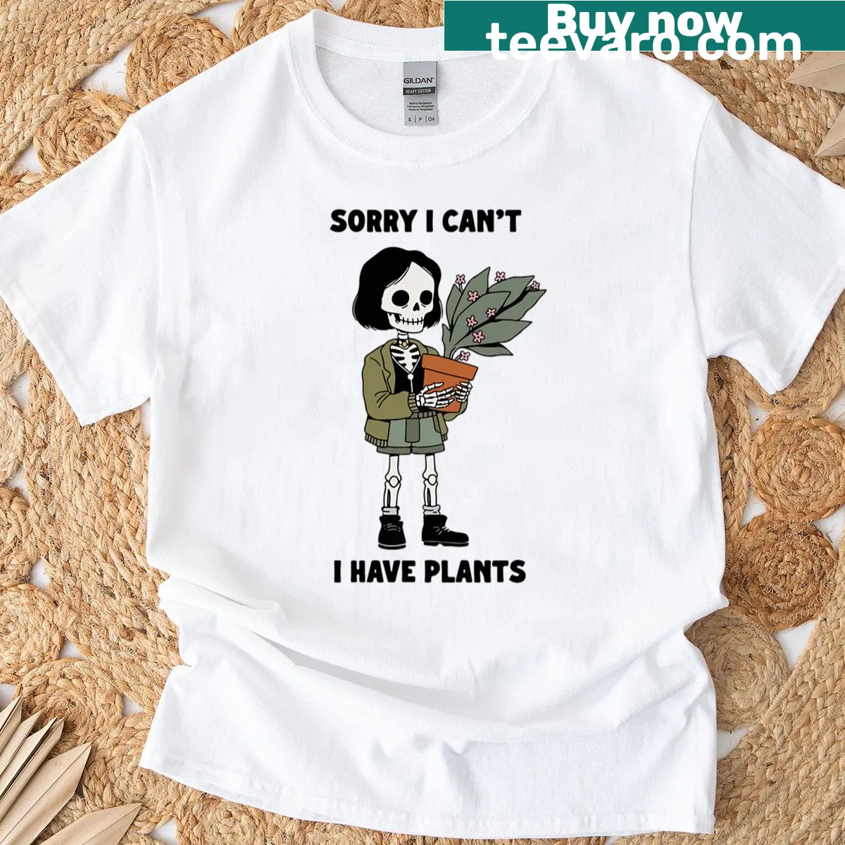 T-shirt featuring a skeleton with plants in a cozy Halloween design — on a men's t-shirt
