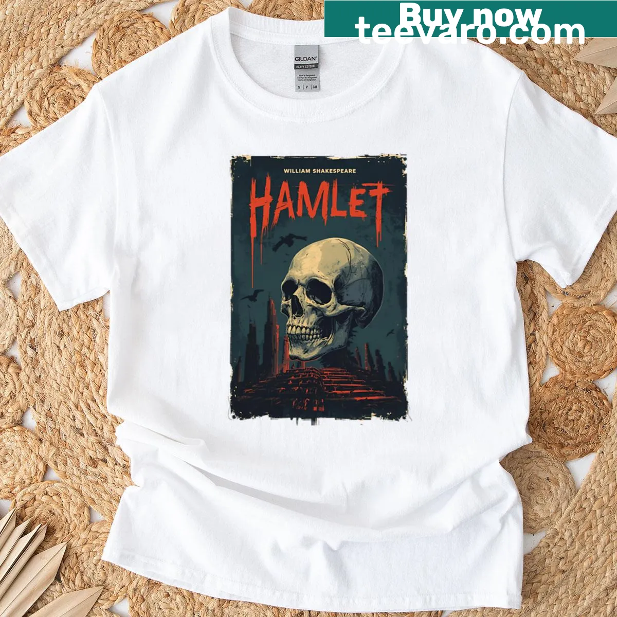 T-shirt featuring a poster design of Shakespeare's Hamlet — on a men's t-shirt
