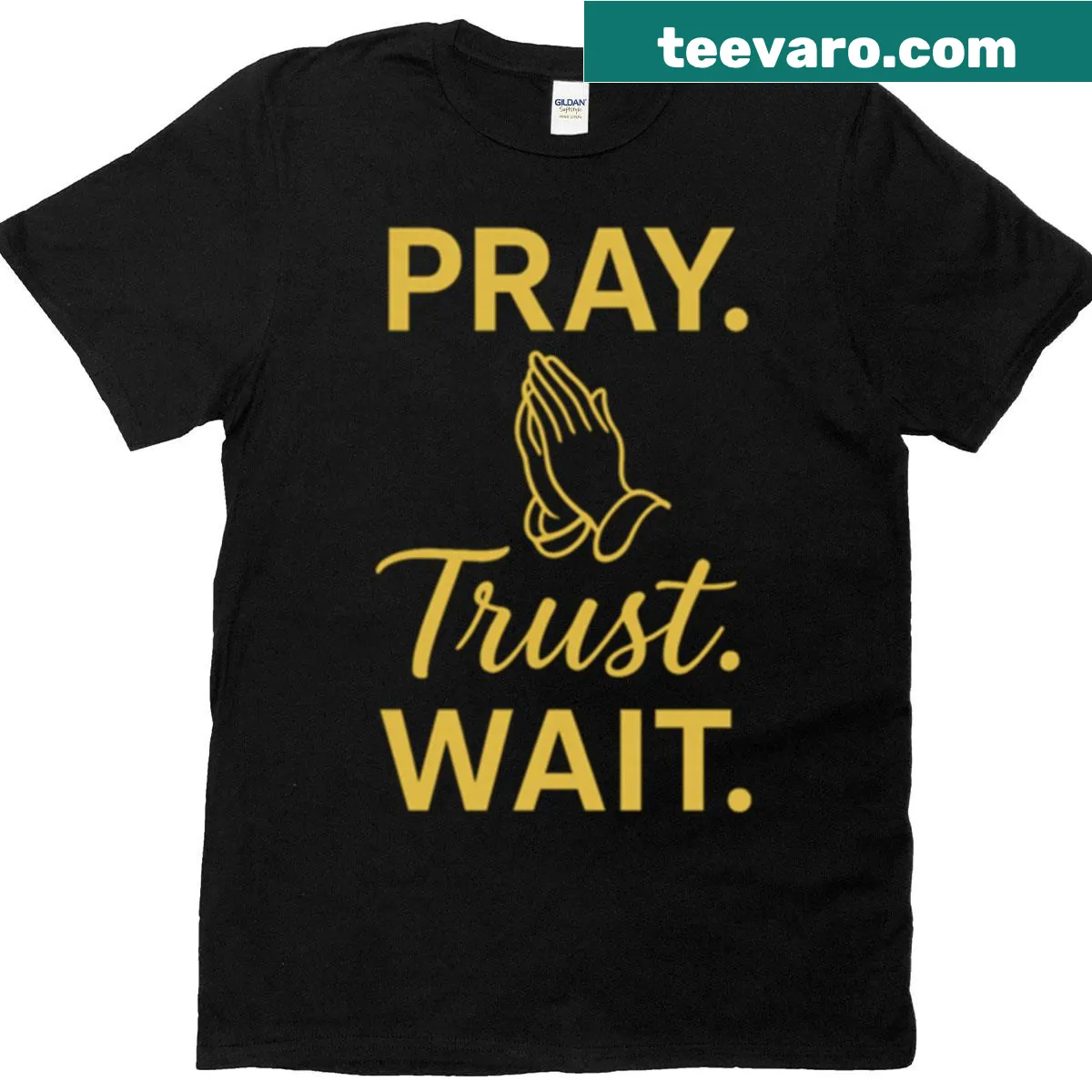 Illustrated praying hands t-shirt with faith-based message — on a men's t-shirt