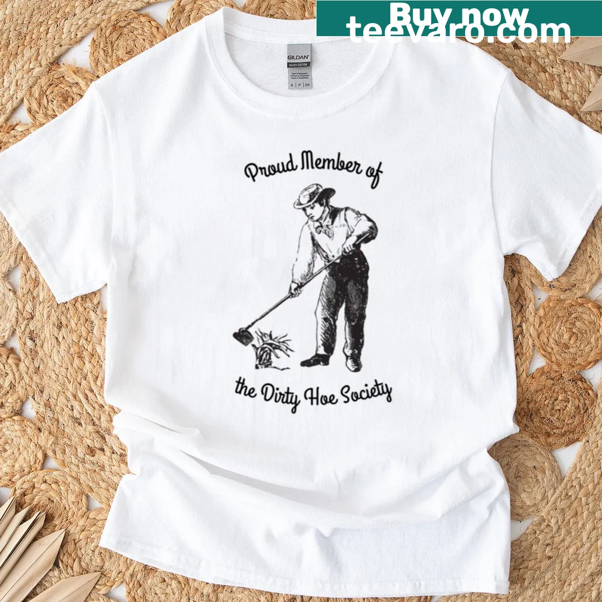 Playful gardening T-shirt with 'Proud Member Of The Dirty Hoe Society' text — on a men's t-shirt