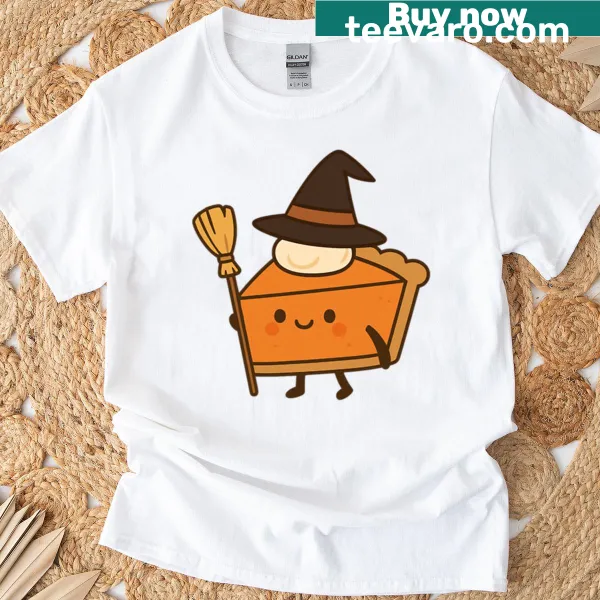 T-shirt with a whimsical illustration of a pumpkin pie witch