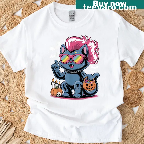 Punk cat Halloween t-shirt featuring a rebellious cat in punk attire