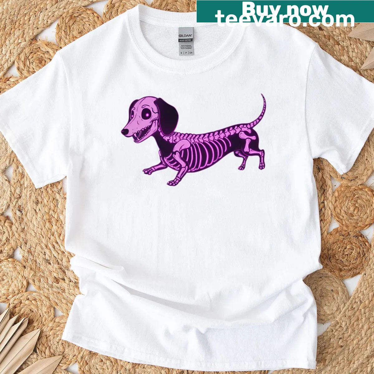Cute Halloween t-shirt featuring a purple skeleton dachshund design — on a men's t-shirt