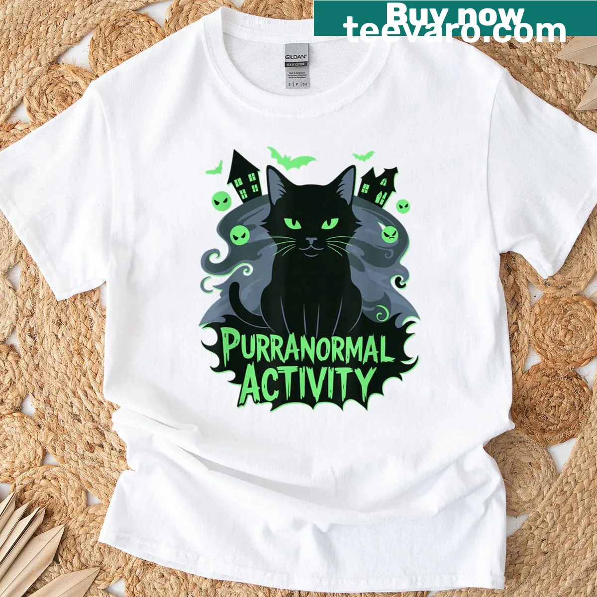 Spooky Halloween T-shirt with Purranormal Activity cat design — on a men's t-shirt