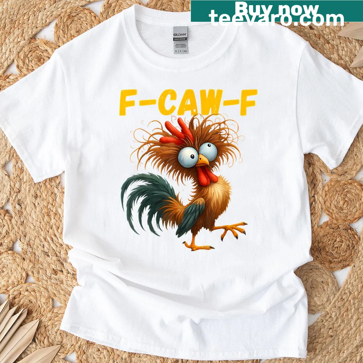 Humorous T-shirt featuring a rooster meme quote — on a men's t-shirt