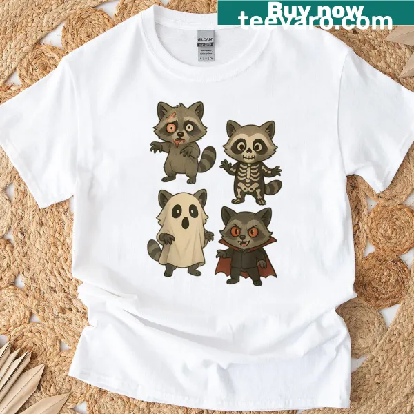 Whimsical Halloween T-shirt featuring a raccoon ghost, pumpkins, and witch theme