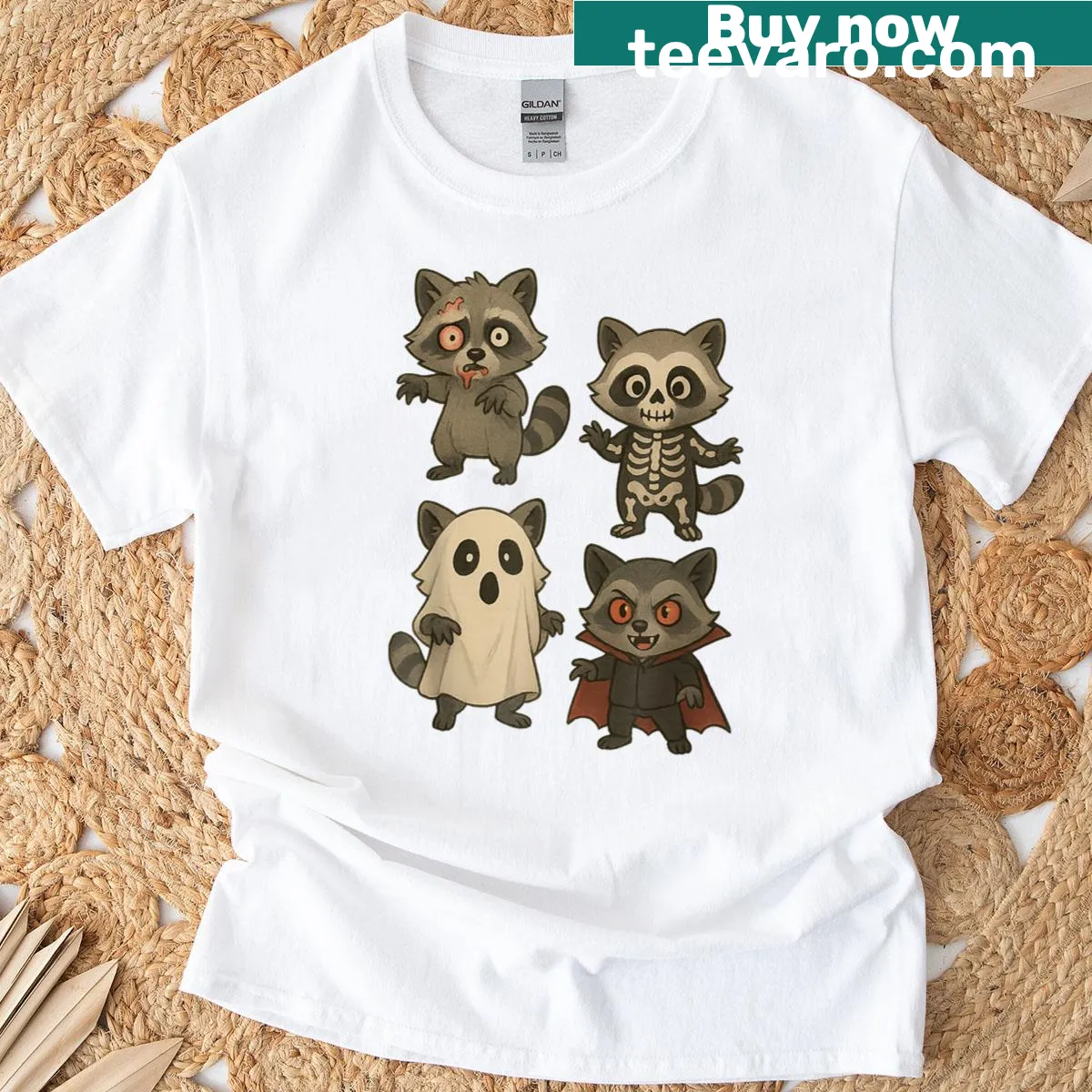 Whimsical Halloween T-shirt featuring a raccoon ghost, pumpkins, and witch theme — on a men's t-shirt