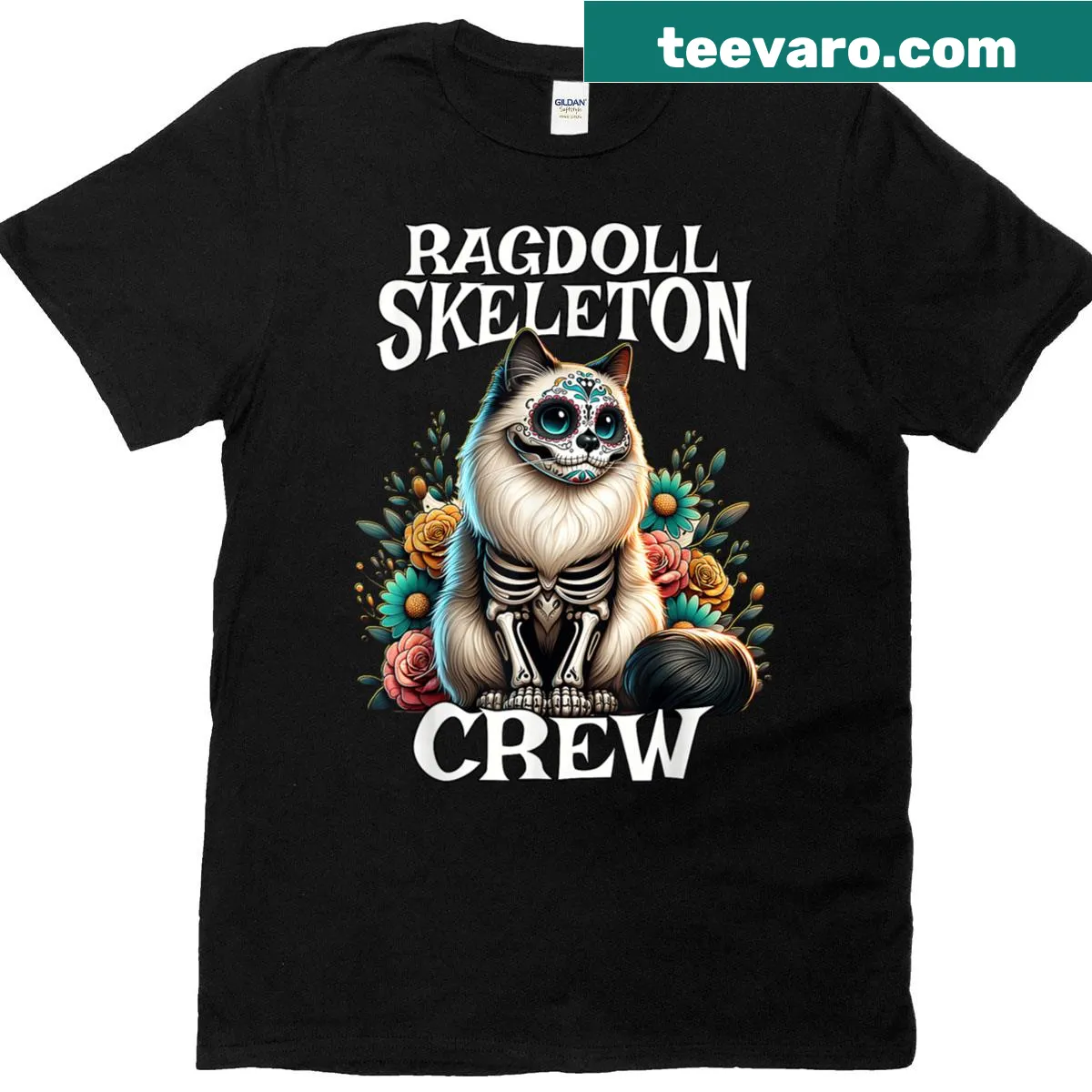 Dia De Los Muertos themed Ragdoll cat Halloween T-shirt — on a men's t-shirt
