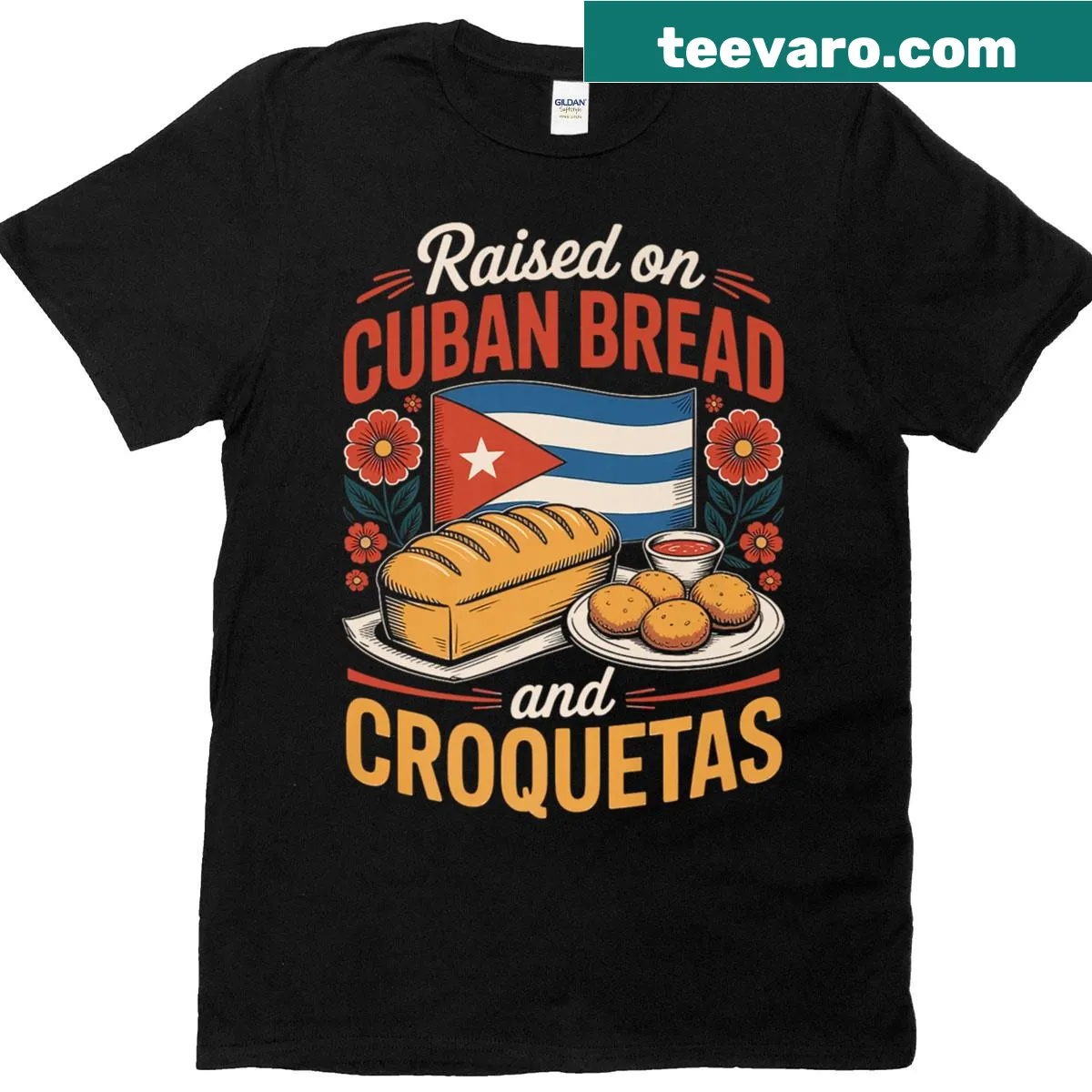 Text design featuring Cuban bread and croquetas theme. — on a men's t-shirt