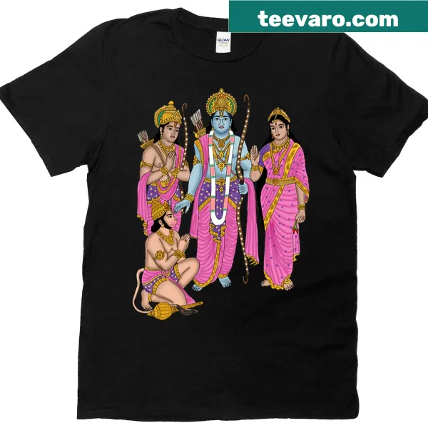 T-shirt featuring a digital painting of Ram Darbar with Lord Rama, Sita, Hanuman, and Lakshman.