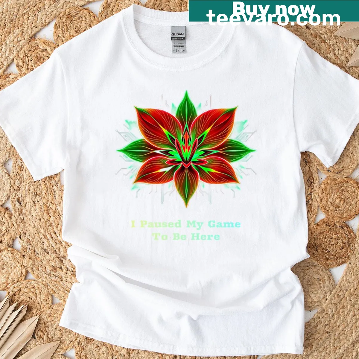 Artistic T-shirt with lily floral design and gamer quote — on a men's t-shirt