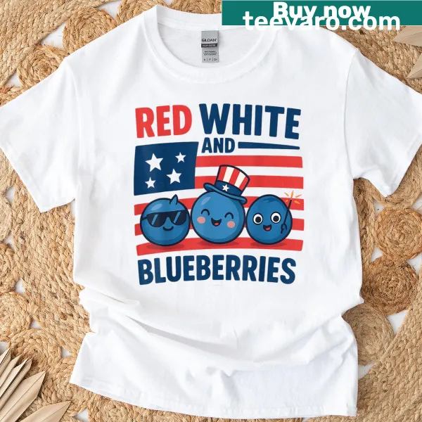 Cute graphic T-shirt with cartoon blueberries and American flag colors