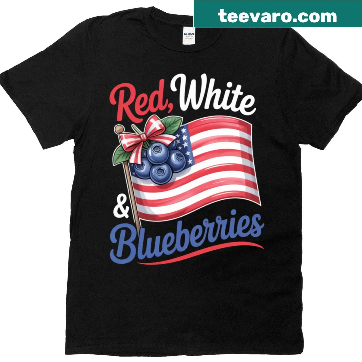 Cute t-shirt featuring a patriotic design with blueberries and a flag bow. — on a men's t-shirt