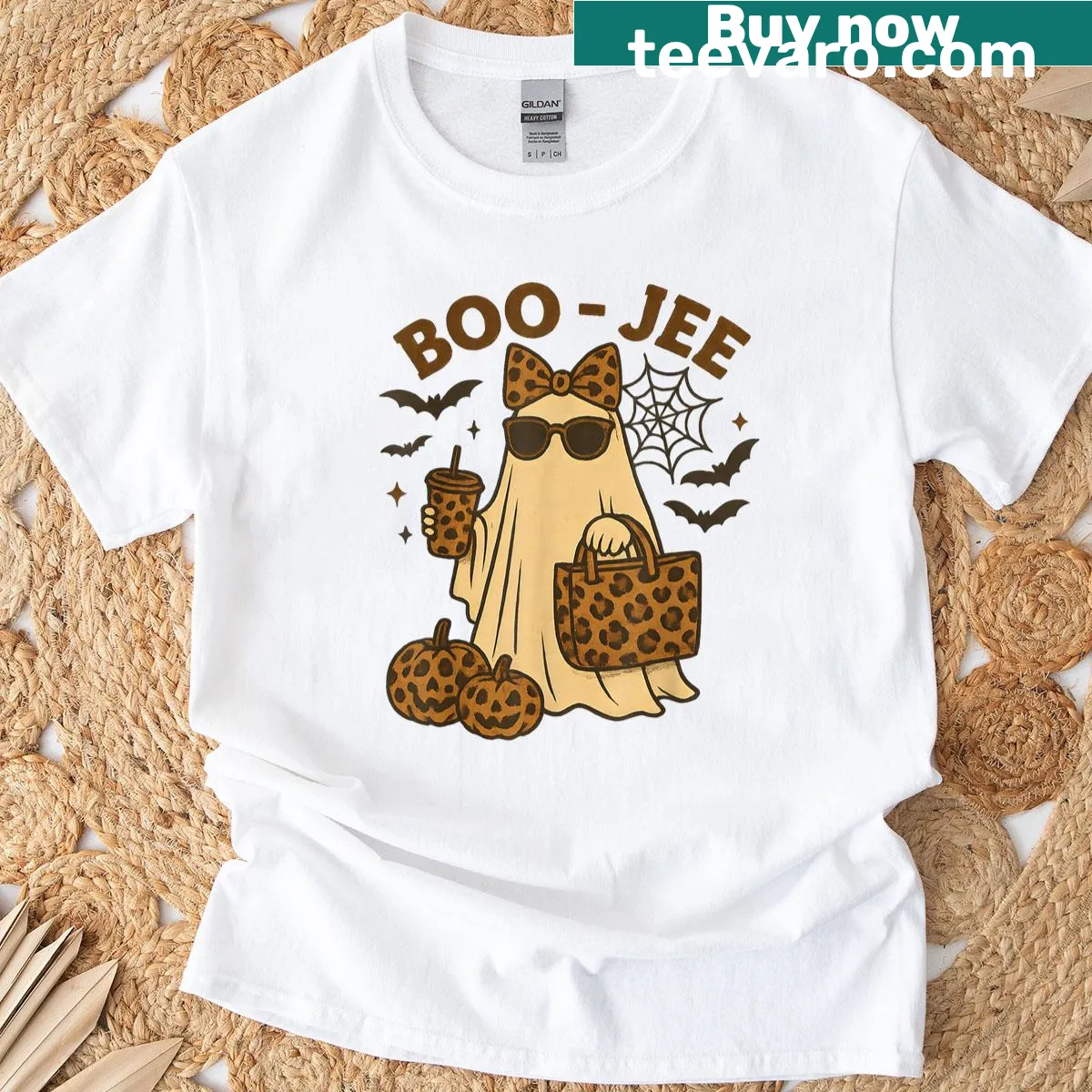 Cute leopard print ghost Halloween t-shirt — on a men's t-shirt