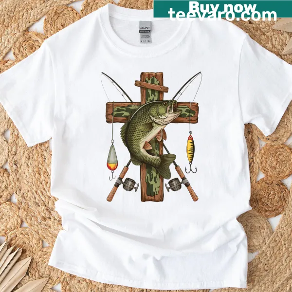 Vintage camo fishing rod and hook design t-shirt