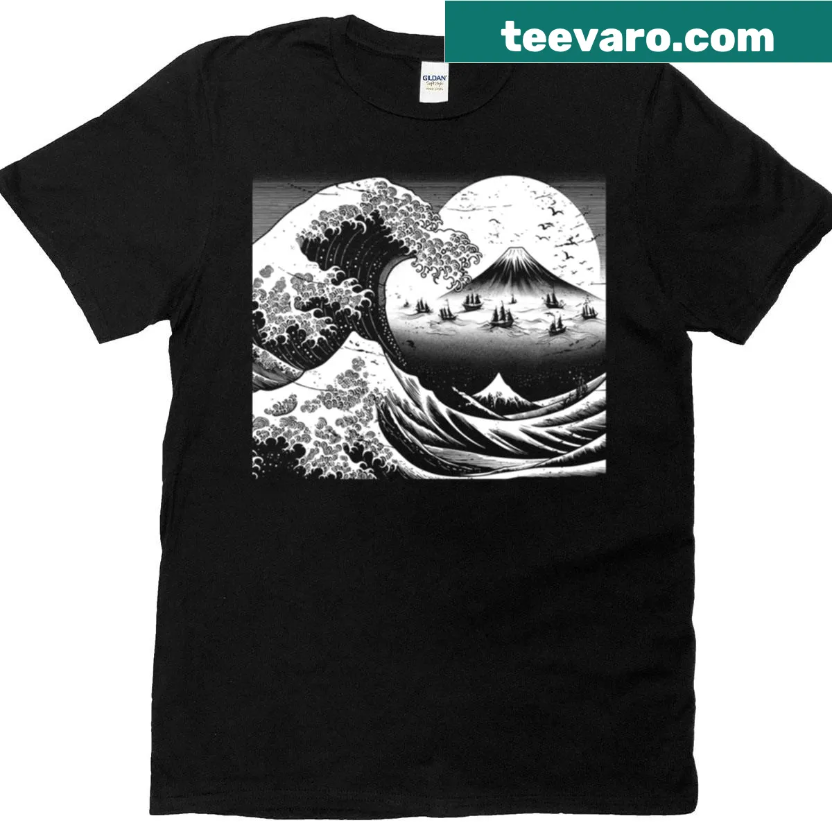 Illustrative Great Wave Off Kanagawa graphic t-shirt — on a men's t-shirt