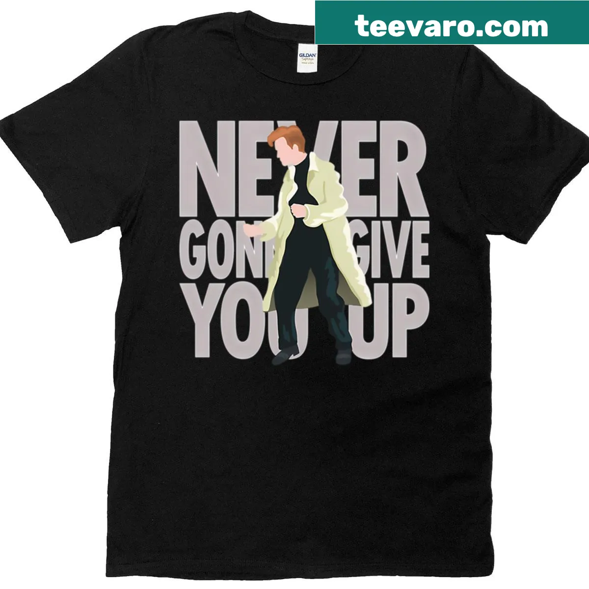 Nostalgic t-shirt featuring the phrase 'Never Gonna Give You Up' in bold typography. — on a men's t-shirt