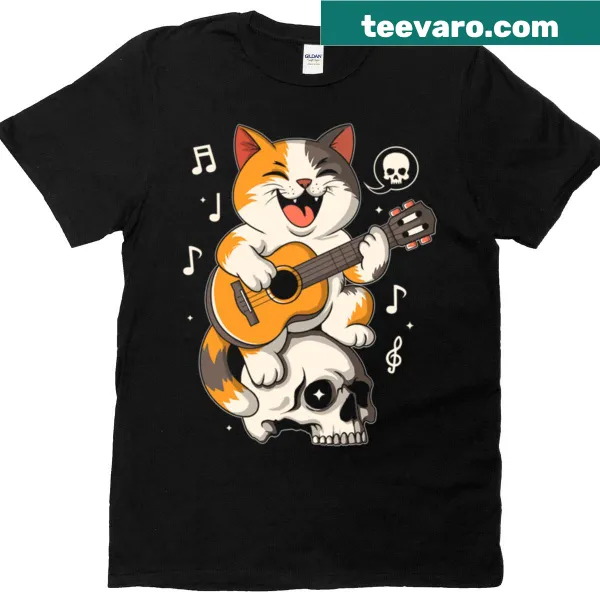 Rock-inspired t-shirt featuring a whimsical cat and skull design
