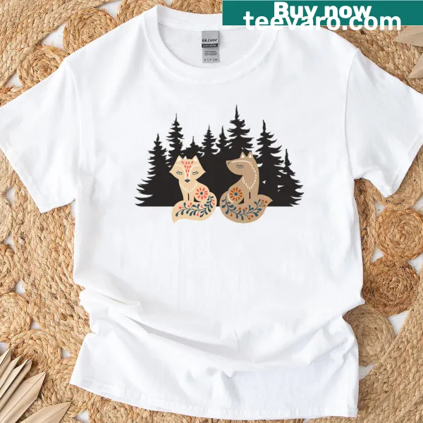 Scandinavian folk art design featuring foxes in a forest setting