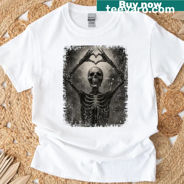 Funny skeleton hands heart sign graphic T-shirt
