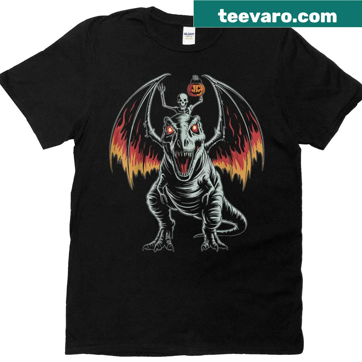 Halloween t-shirt with skeleton riding T-rex and pumpkins — on a men's t-shirt