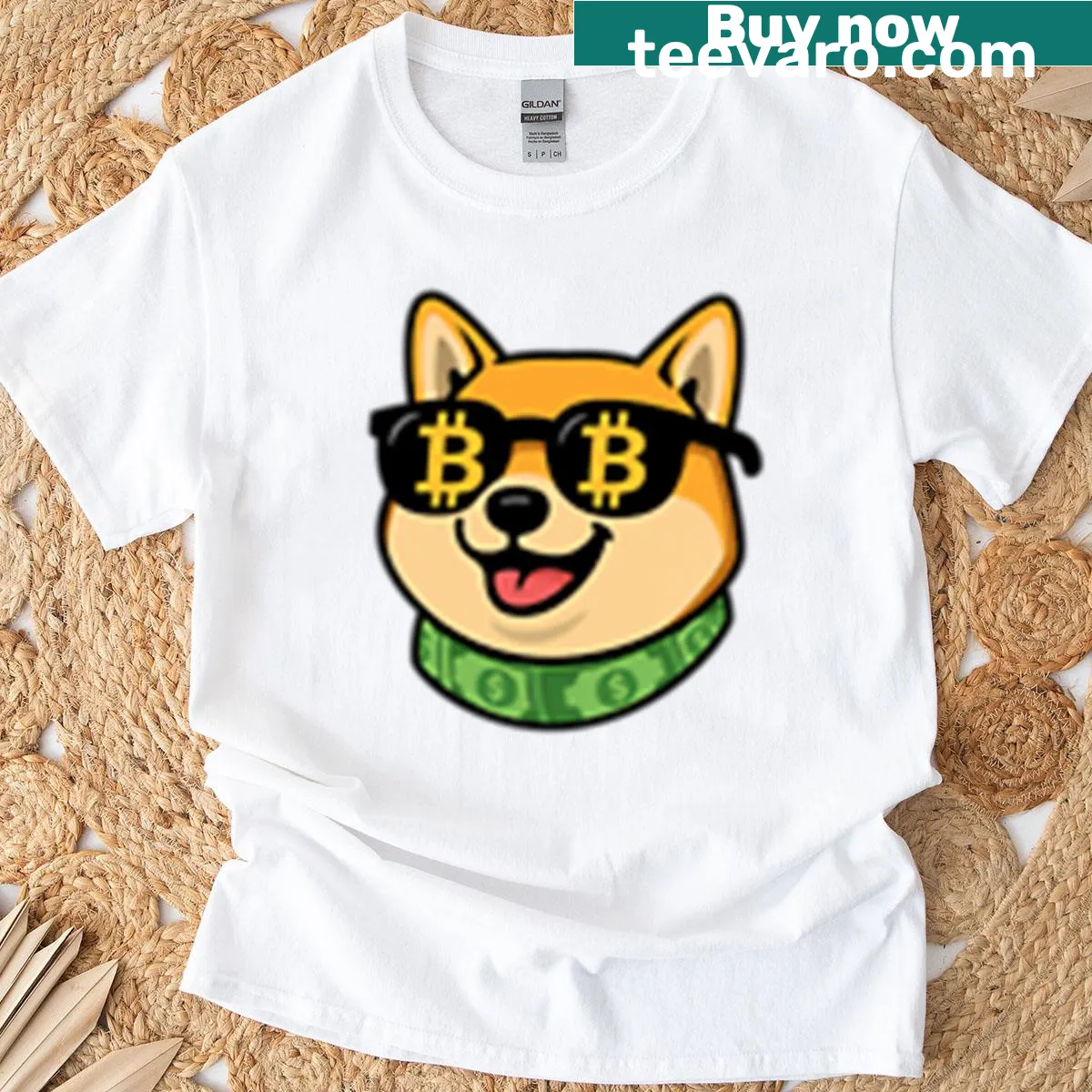 Playful Shiba Inu t-shirt with bitcoin glasses and dollar necklace — on a men's t-shirt