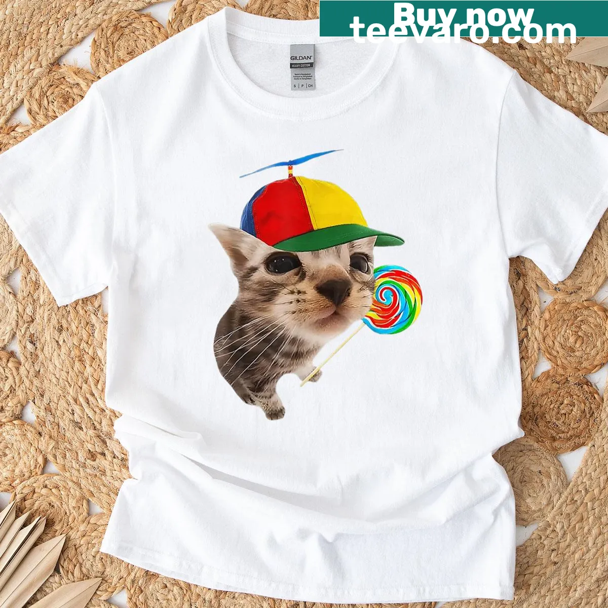 Cartoon cat with lollipop and funny meme text t-shirt — on a men's t-shirt