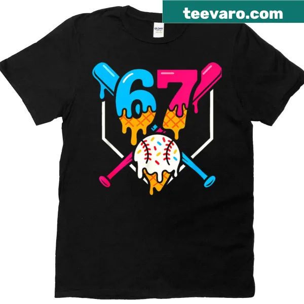 T-shirt with dripping ice cream text and baseball imagery, featuring Six Seven