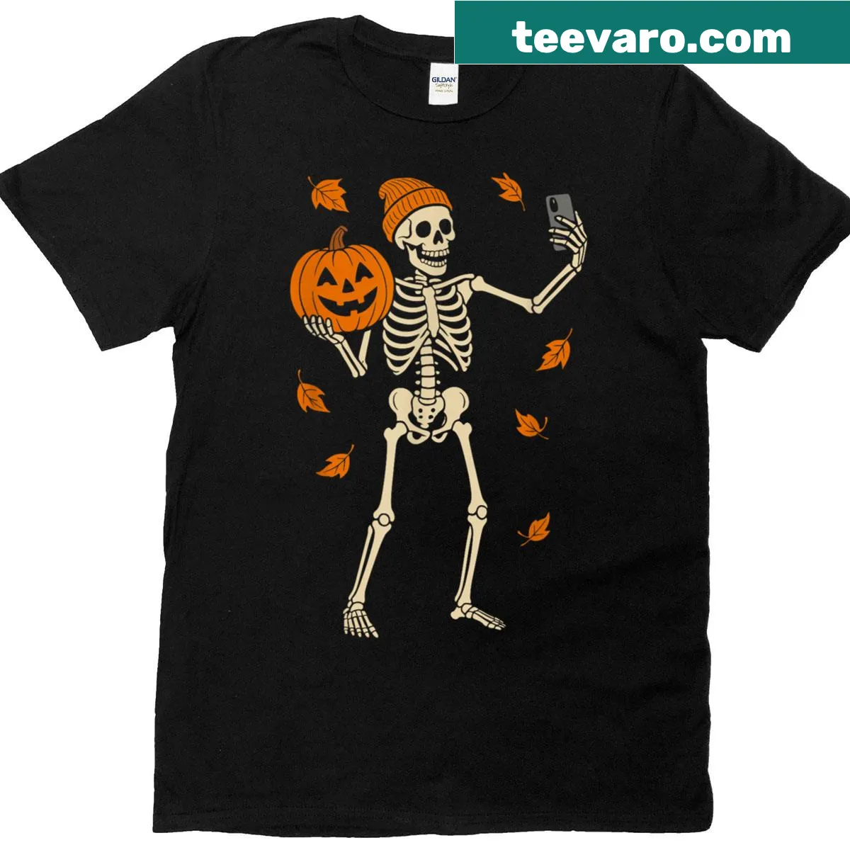 Funny Halloween t-shirt with skeleton and pumpkins — on a men's t-shirt