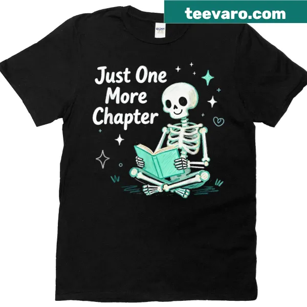 Funny skeleton graphic T-shirt with a reading theme.
