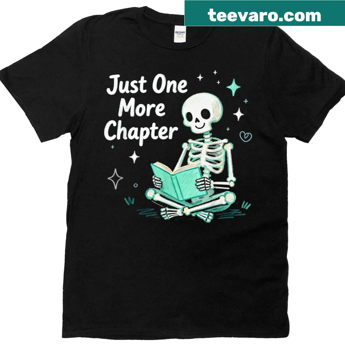 Funny skeleton graphic T-shirt with a reading theme. — on a men's t-shirt