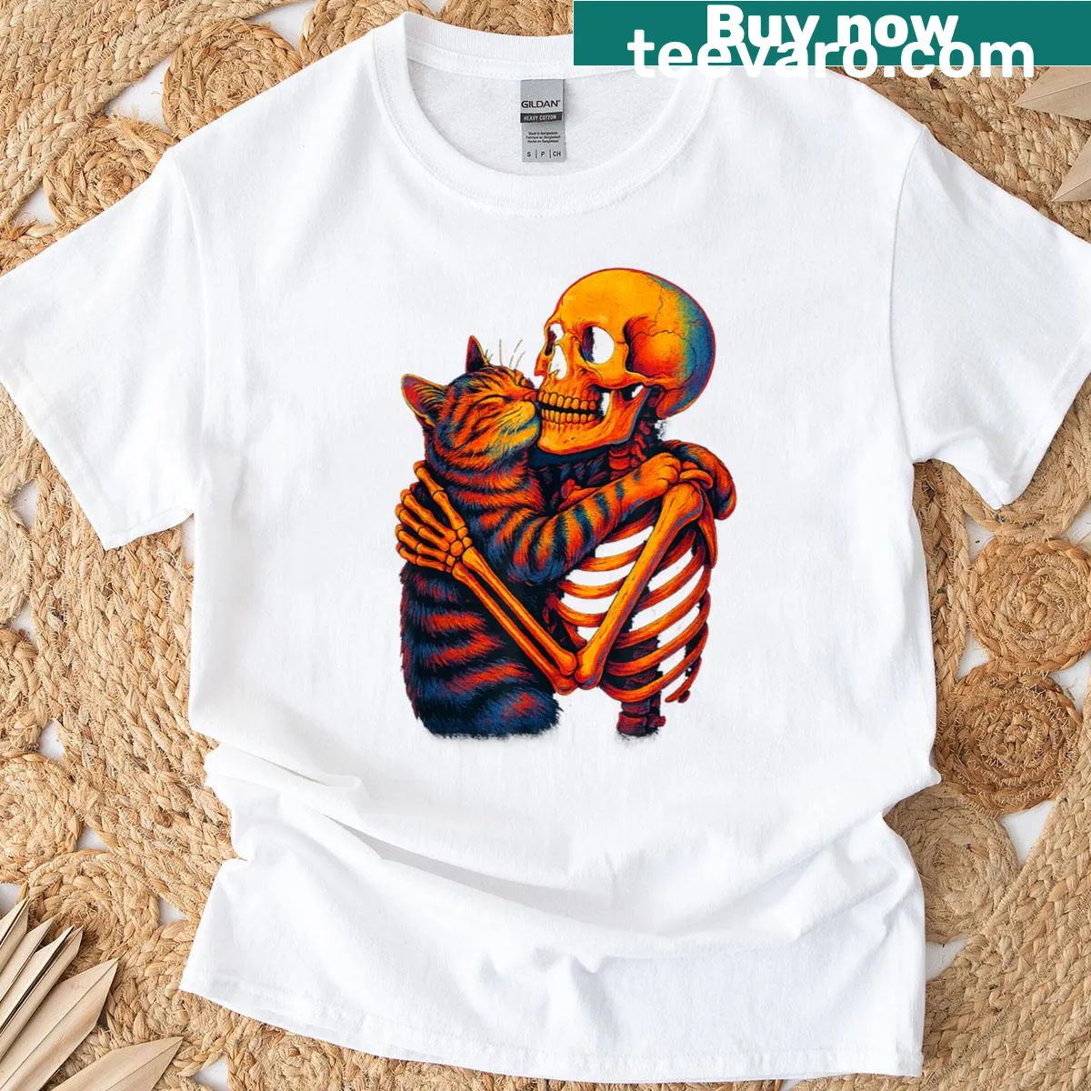 Skeleton hugging a cat in a playful Halloween design — on a men's t-shirt