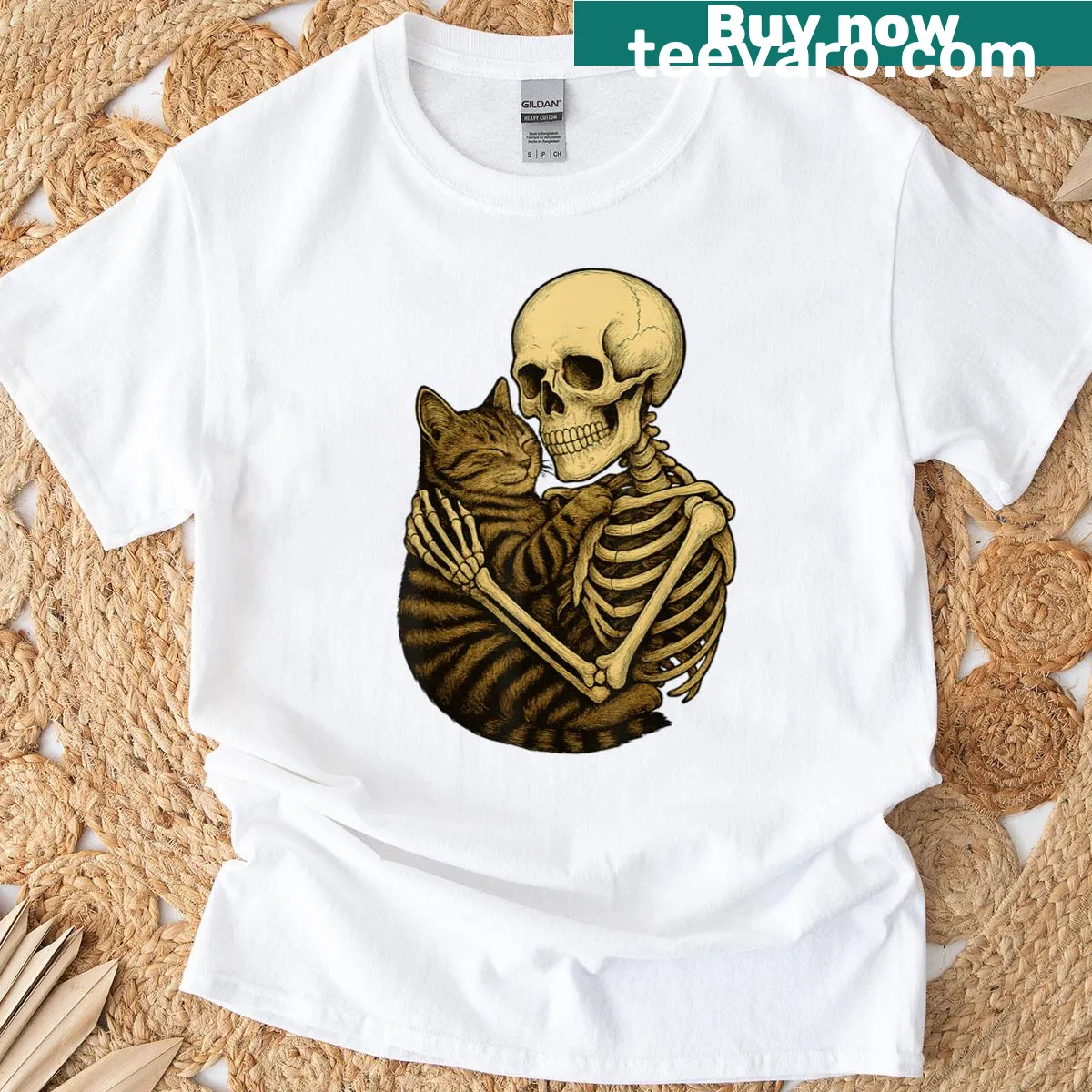 Funny Halloween T-shirt with skeleton hugging a cat — on a men's t-shirt
