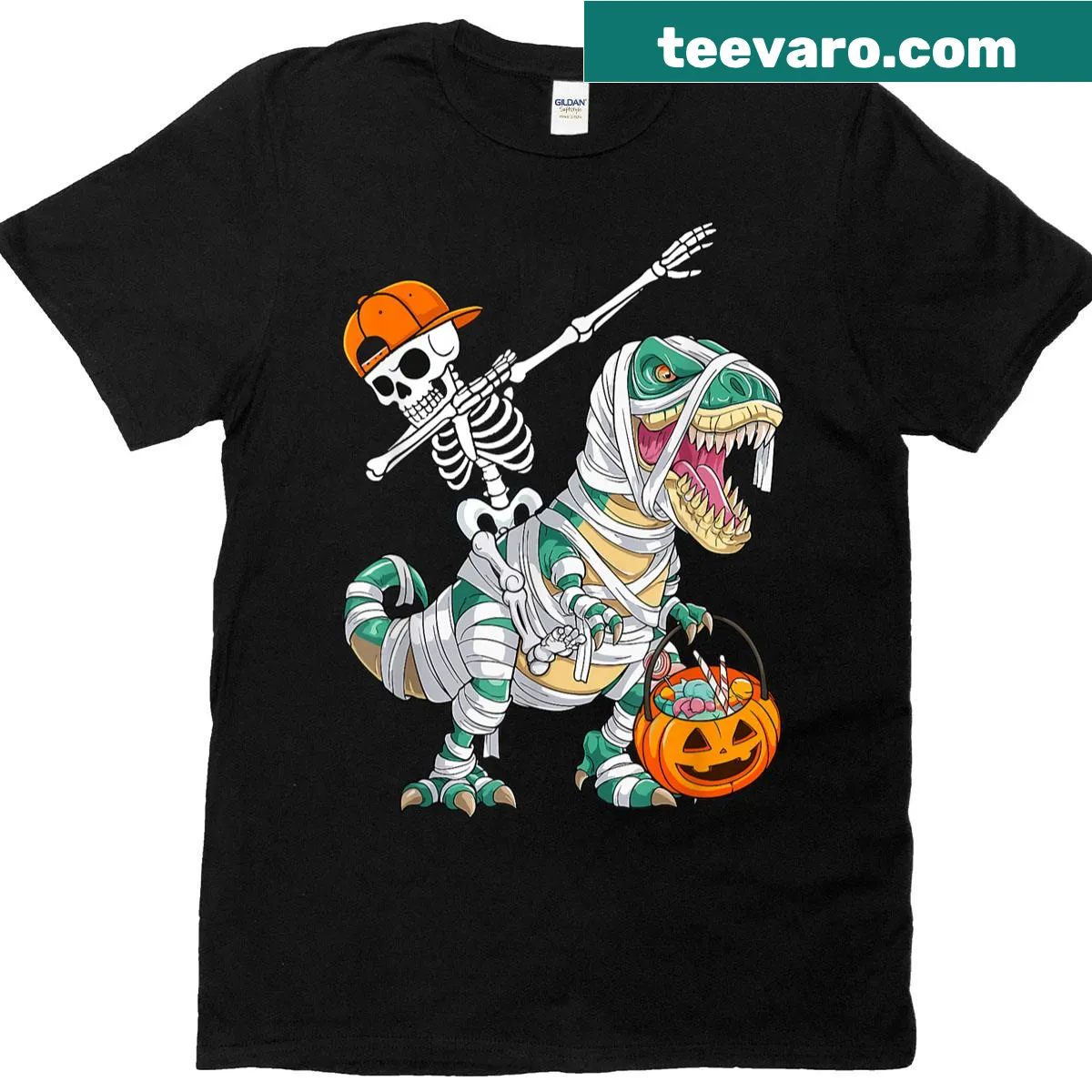 Skeleton dancing on a T-Rex, humorously dabbing for Halloween — on a men's t-shirt