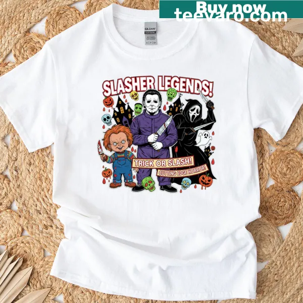 Horror-themed t-shirt featuring slasher film characters