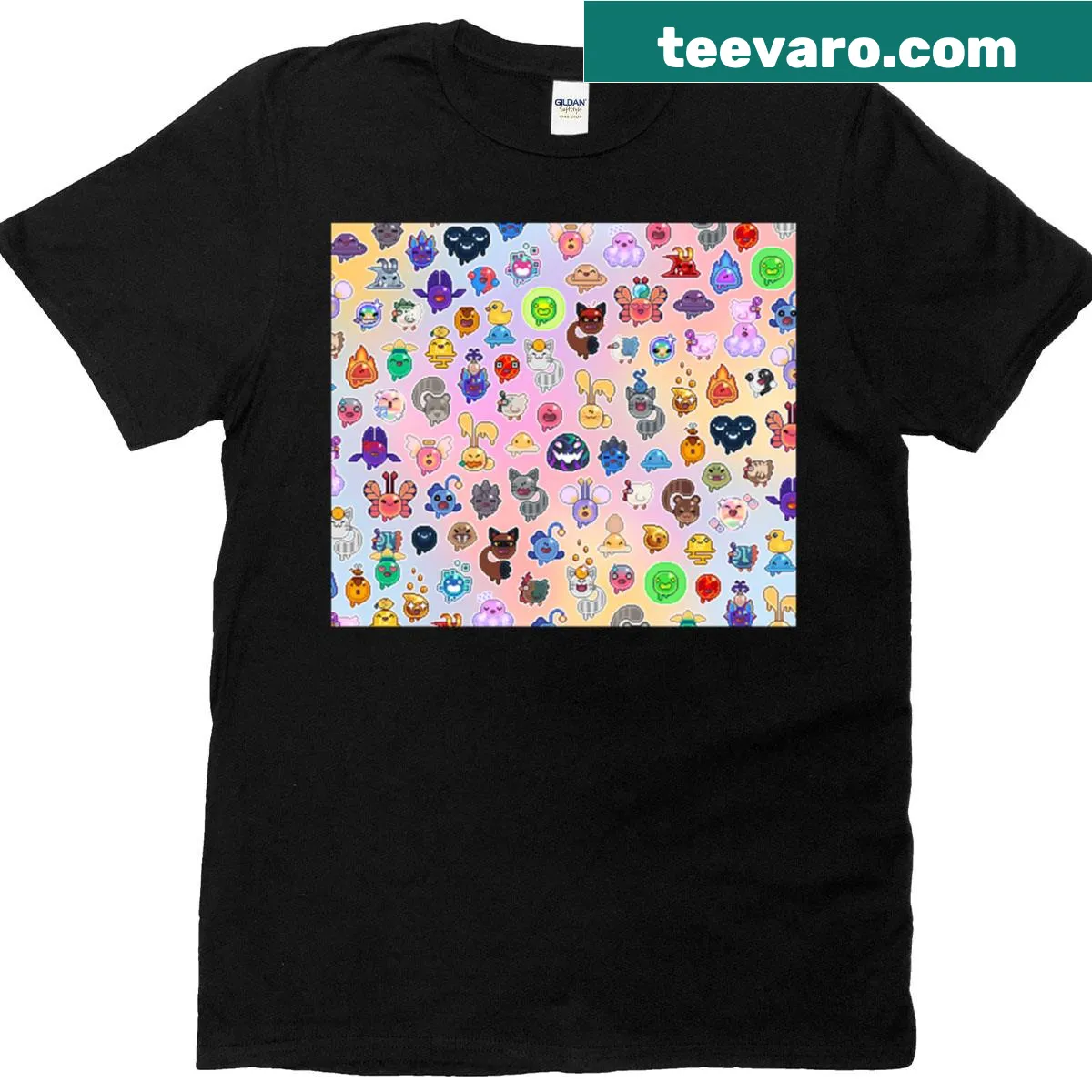 T-shirt featuring a playful pattern of Slime Rancher slimes — on a men's t-shirt