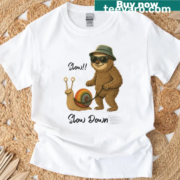 Cartoon sloth walking alongside a snail on a T-shirt